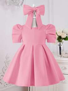 小女童泡泡袖褶皺細節洋裝附髮帶 - 淺粉色 - 查看 1