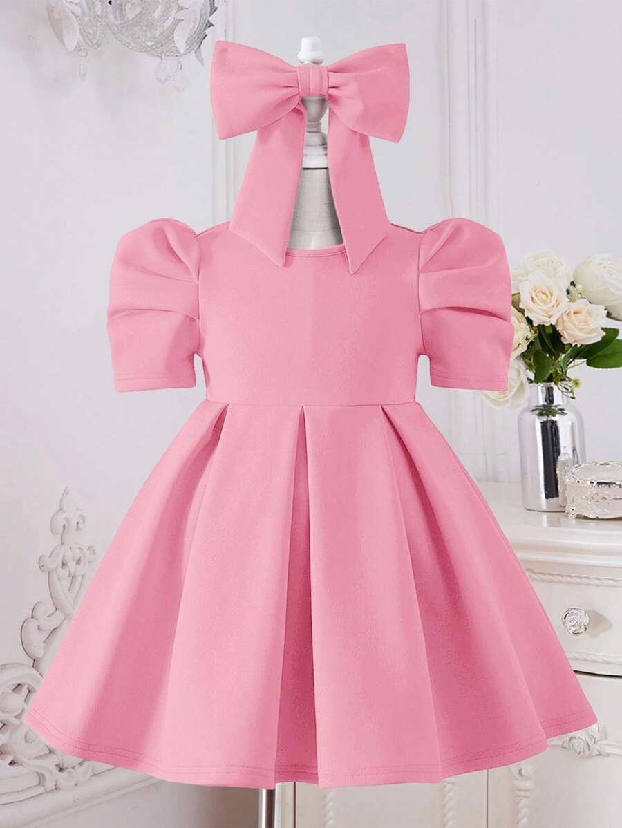 小女童泡泡袖褶皺細節洋裝附髮帶 - 淺粉色 - 查看 1