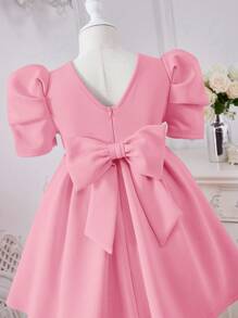 小女童泡泡袖褶皺細節洋裝附髮帶 - 淺粉色 - 查看 3