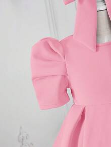 小女童泡泡袖褶皺細節洋裝附髮帶 - 淺粉色 - 查看 4