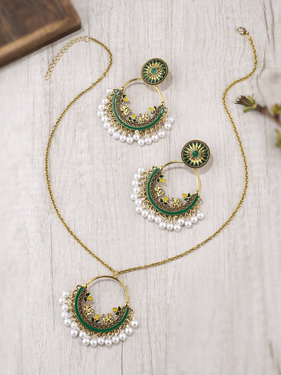 3 cái/bộ Ngọc Trai Cổ Điển & Giọt Dầu & Thiết Kế Chuông Mặt Dây Chuyền Vòng Cổ & Bông Tai Giọt - Nhiều màu - Xem 1