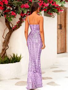 LOVE&LEMONADE One Shoulder Split Thigh Sequin Formal Dress - Purple - View 2