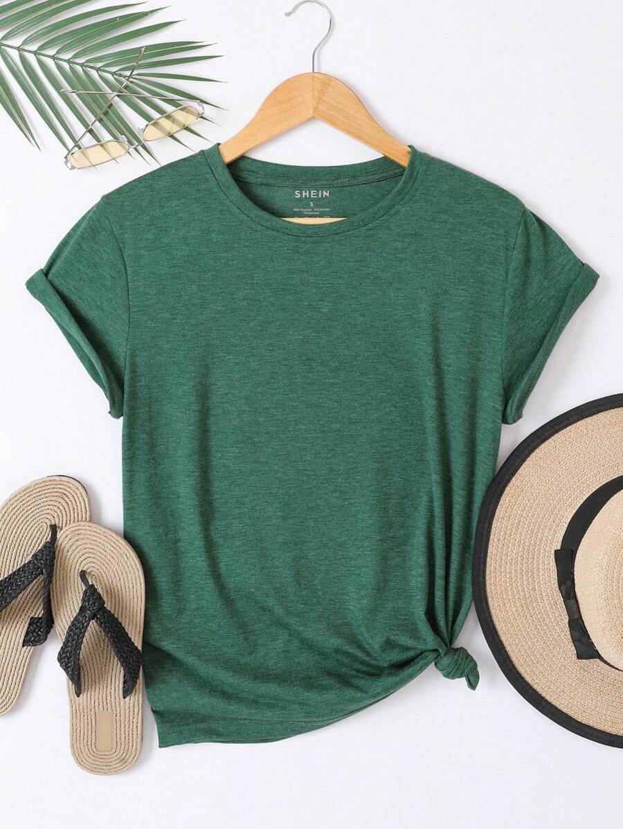 SHEIN LUNE Solid Round Neck Tee - Dark Green - View 1