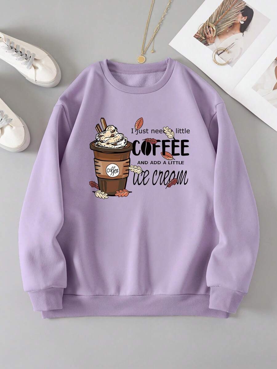 SHEIN EZwear Quần áo thể thao nữ Hoạt hình Slogan Giải trí - Màu Lilac Tím - Xem 1