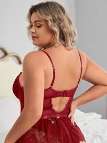 Plus Floral Lace Cut Out Garter Teddy Bodysuit - Red - View 2