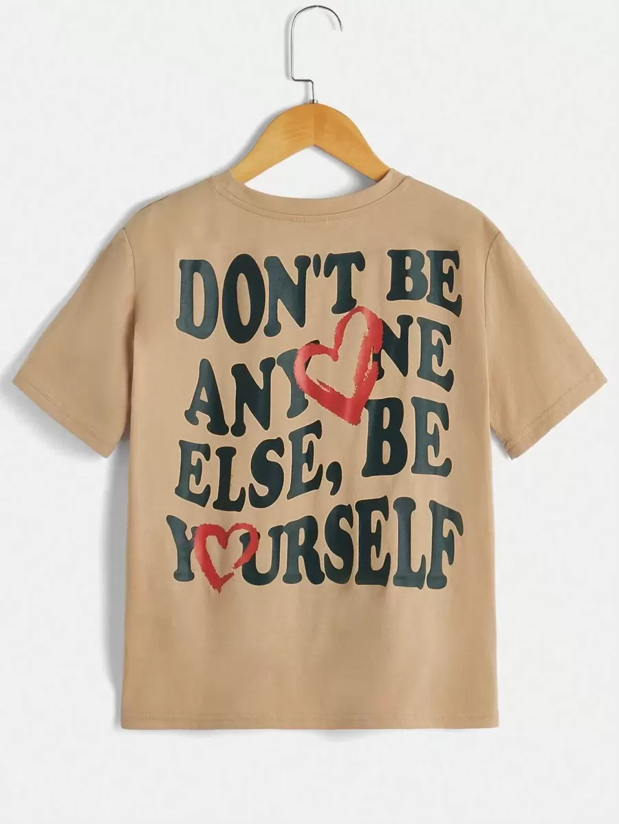 SHEIN Tween Boys' Simple & Comfortable Slogan And Heart Printed TShirt