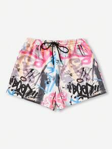 SHEIN EZwear Plus Letter Graphic Drawstring Waist Shorts - Multicolor - View 3