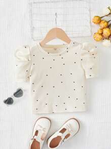 SHEIN Tween Girl Solid Color Heart Pattern Round Neck Gigot Sleeve Fitted Casual T-Shirt - Beige - View 1