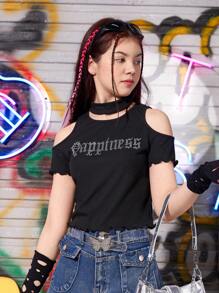 SHEIN 青少年女孩字母水鑽挖肩木耳邊可拆卸翻領T恤 - 黑色 - 查看 3