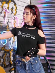 SHEIN 青少年女孩字母水鑽挖肩木耳邊可拆卸翻領T恤 - 黑色 - 查看 4