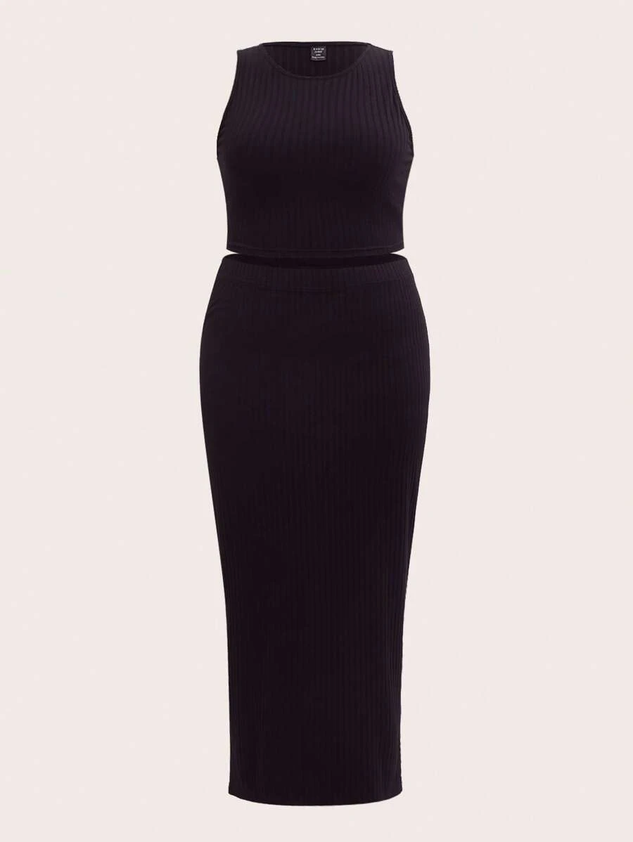 SHEIN EZwear Bộ thời trang Plus Size Gân đan màu trơn Giải trí - màu đen - Xem 1