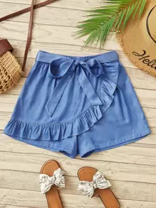 SHEIN LUNE 1入組荷葉邊圍裹腰帶裙裤 - 藍色 - 查看 1