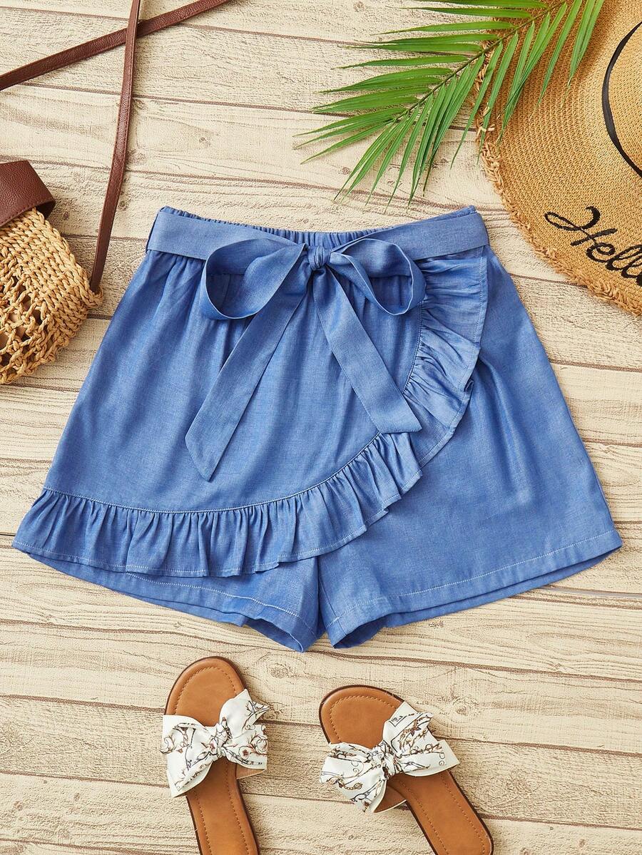 SHEIN LUNE 1入組荷葉邊圍裹腰帶裙裤 - 藍色 - 查看 1