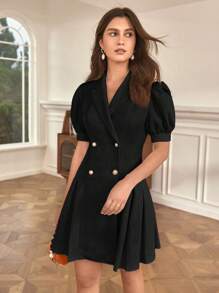 SHEIN Frenchy 泡泡袖雙排釦百褶下擺連衣裙 - 黑色 - 查看 6