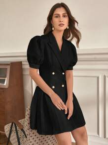 SHEIN Frenchy 泡泡袖雙排釦百褶下擺連衣裙 - 黑色 - 查看 8