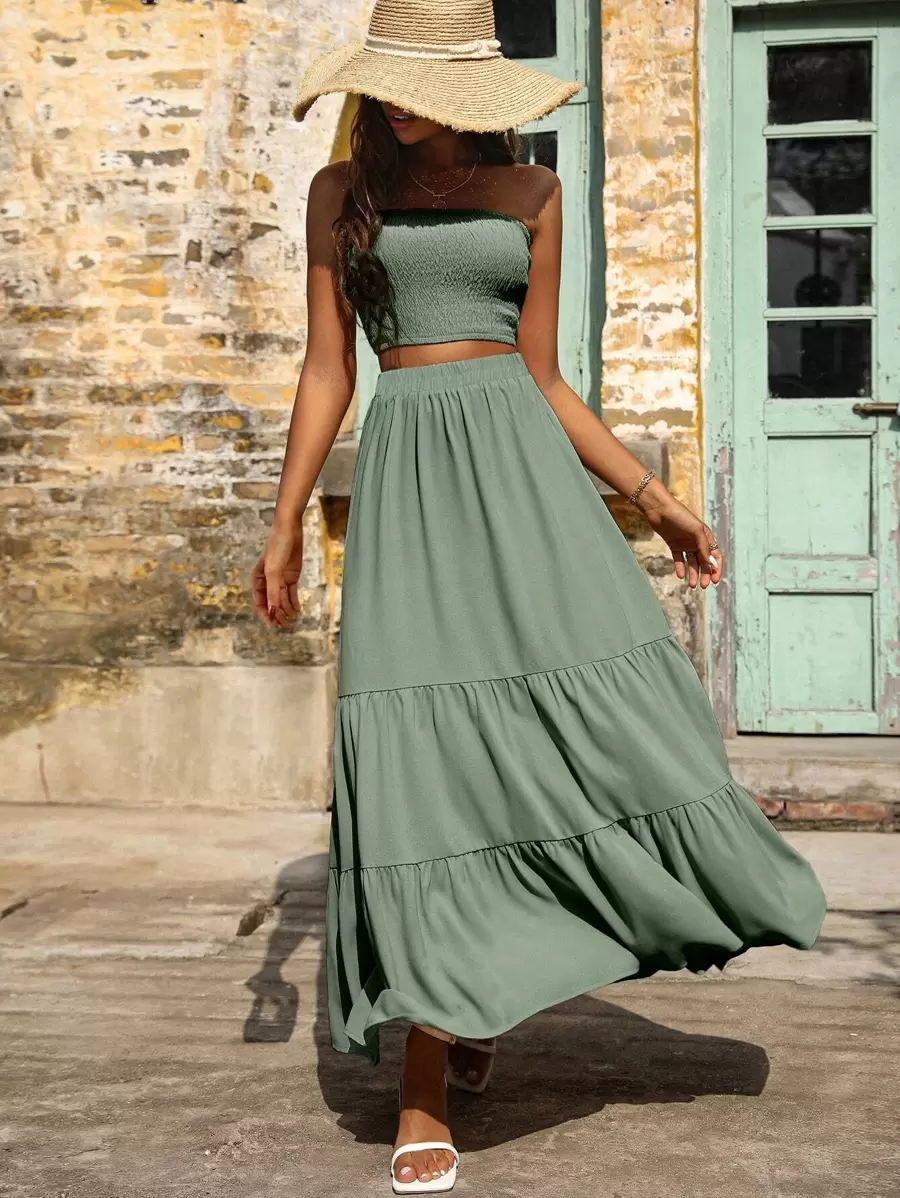 Breezaya Solid Shirred Detail Tube Top & Ruffle Hem Skirt