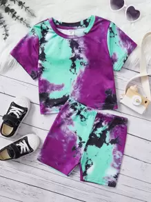 SHEIN 年輕女孩運動風水磨花針織圓領短袖T恤和短褲套裝，2件裝 - 彩色 - 查看 1