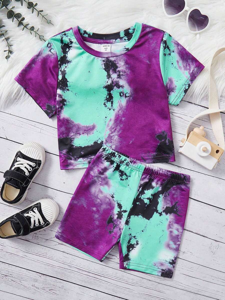 SHEIN 年輕女孩運動風水磨花針織圓領短袖T恤和短褲套裝，2件裝 - 彩色 - 查看 1