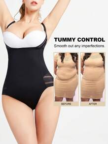 Plus Solid Contrast Mesh Shapewear Bodysuit - Black - View 1