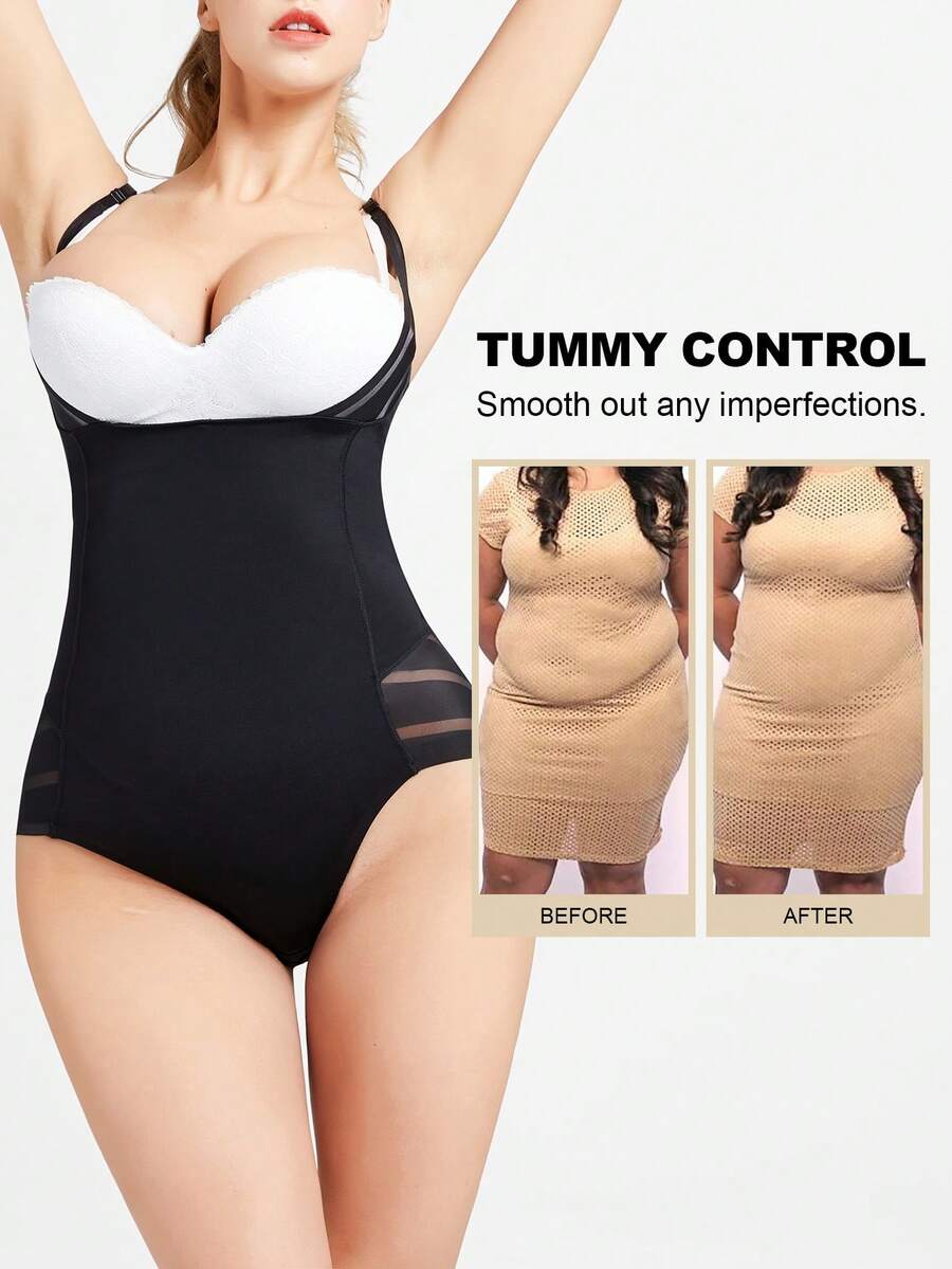 Plus Solid Contrast Mesh Shapewear Bodysuit - Black - View 1