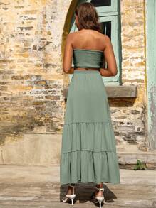 Breezaya Solid Shirred Detail Tube Top & Ruffle Hem Skirt