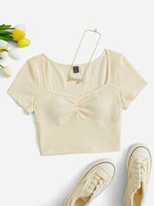 SHEIN EZwear Sweetheart Neck Ruched Detail Crop Tee - Beige - View 1
