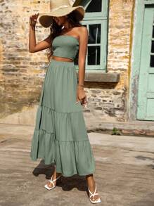 Breezaya Solid Shirred Detail Tube Top & Ruffle Hem Skirt