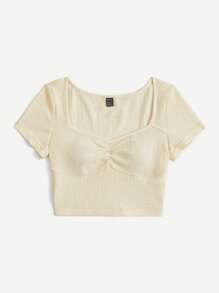 SHEIN EZwear Sweetheart Neck Ruched Detail Crop Tee - Beige - View 4