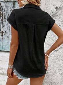 SHEIN LUNE Solid Batwing Sleeve Pocket Patched Button Front Shirt - Black - View 2