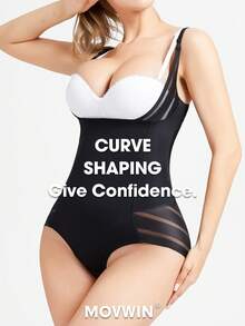 Plus Solid Contrast Mesh Shapewear Bodysuit - Black - View 7