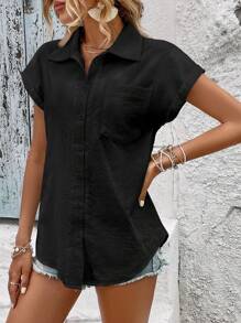 SHEIN LUNE Solid Batwing Sleeve Pocket Patched Button Front Shirt - Black - View 4