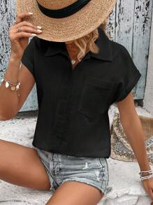 SHEIN LUNE Solid Batwing Sleeve Pocket Patched Button Front Shirt - Black - View 6