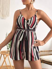 SHEIN Maternidad Mono de tirantes con estampado de rayas con cinturón - Multicolor - Ver 3