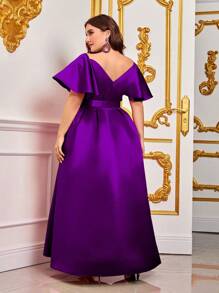 Plus Ruffle Trim Belted Satin Dress