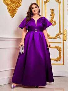 Plus Ruffle Trim Belted Satin Dress