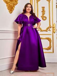 Plus Ruffle Trim Belted Satin Dress