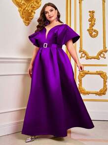 Plus Ruffle Trim Belted Satin Dress