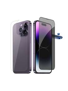 2-In-1 Set Mobile Phone Privacy Screen Protector Anti-Spy Tempered Glass Film With Metal Anti-Dust Mesh For Front Screen And Curved Tempered Glass Film For Back Cover, Anti-Peeping And Anti-Spying, Compatible With IPhone 15 Pro Max/15/Pro/15 Plus/15/14/13/12/11/X/8/7 Series - Black - View 1