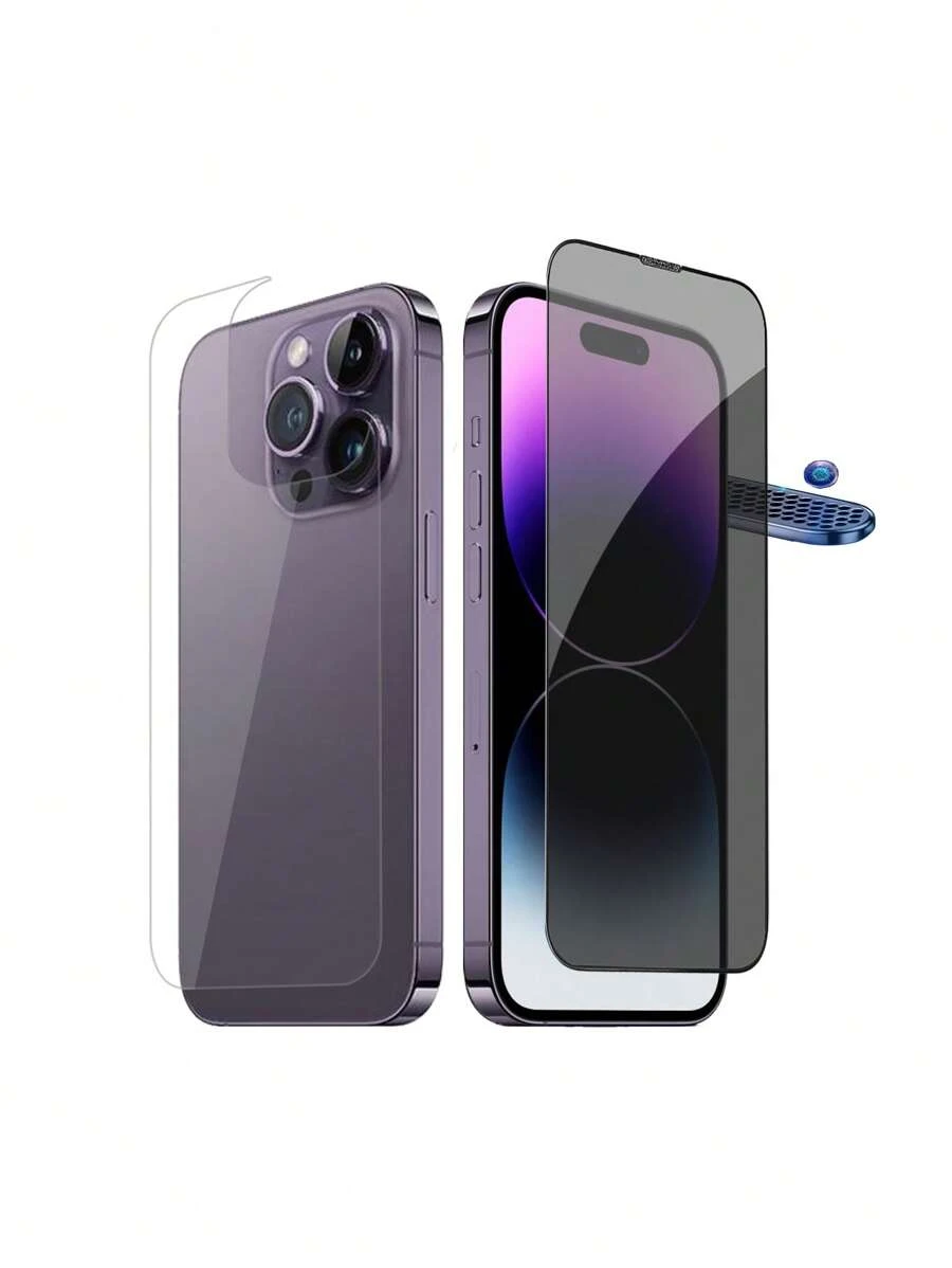 2-In-1 Set Mobile Phone Privacy Screen Protector Anti-Spy Tempered Glass Film With Metal Anti-Dust Mesh For Front Screen And Curved Tempered Glass Film For Back Cover, Anti-Peeping And Anti-Spying, Compatible With IPhone 15 Pro Max/15/Pro/15 Plus/15/14/13/12/11/X/8/7 Series - Black - View 1