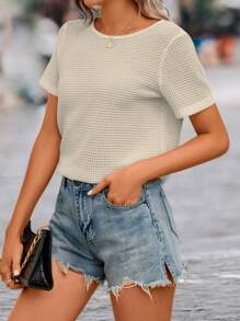 SHEIN LUNE Guipure Lace Trim Bow Back Tee - Apricot - View 4