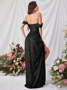 奢华露肩串珠晚礼服，高开衩设计，尽显优雅气质，是盛大活动、红毯晚宴和正式晚宴的理想之选。 - 黑色 - 查看 6