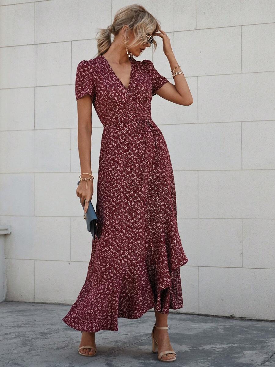 SHEIN LUNE Vestido cruzado con estampado floral con nudo lateral bajo con fruncido - Burdeos - Ver 1