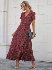 SHEIN LUNE Vestido cruzado con estampado floral con nudo lateral bajo con fruncido - Burdeos - Ver 4