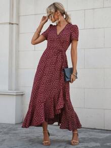 SHEIN LUNE Vestido cruzado con estampado floral con nudo lateral bajo con fruncido - Burdeos - Ver 5