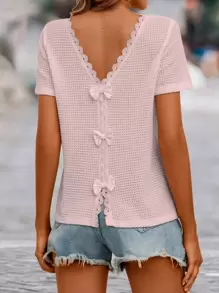 SHEIN LUNE Áo thun nữ Tương phản ren Nơ Bướm màu trơn Giải trí - Màu Hồng baby - Xem 1