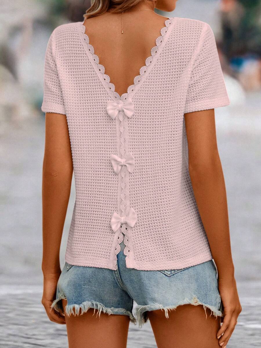 SHEIN LUNE Áo thun nữ Tương phản ren Nơ Bướm màu trơn Giải trí - Màu Hồng baby - Xem 1