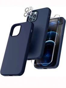 Silicone Solid Color Phone Case & Lens Protector & Screen Protection Film Set Compatible With iPhone15/15Plus/15Pro/15Promax - Navy Blue - View 1