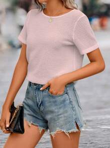 SHEIN LUNE Áo thun nữ Tương phản ren Nơ Bướm màu trơn Giải trí - Màu Hồng baby - Xem 5