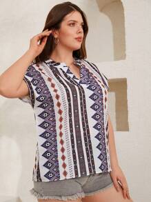 RueChic Plus Geo Print Notched Neck Batwing Sleeve Blouse - Multicolor - View 4