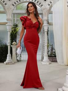 Faeriesty Elegant Stunning One-Shoulder Maxi Mermaid Gown With Dramatic Fish-Tail Hem – Perfect For Luxury Weddings, Black Tie Events, Anniversaries, And Evening Galas - Red - View 5